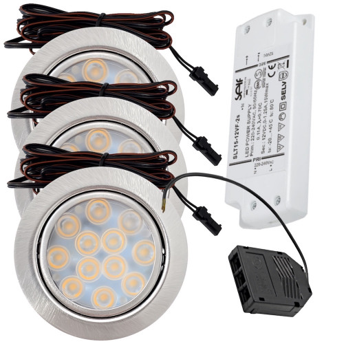 3er Set / Flache LED Einbauspots Lina / 12Volt / 3W / Kabelbaum / Stecker/ Verteilerleiste / LED Trafo / Einbautiefe nur 12mm
