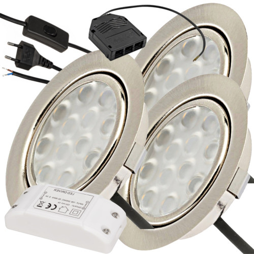3er Set / Flache LED Einbauspots Lina / 12Volt / 3W/ LED Trafo / 230V Netzkabel mit Schnurschalter