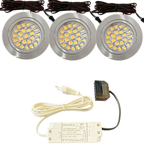 3er Set / Flache LED Einbauspots Mira / 12Volt / 2,4W / Kabelbaum / Stecker/ Verteilerleiste / LED Trafo vormontiert