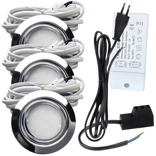 3er Set | Flache LED Möbel Einbauspots New Lina | 12V | 2W | LED Trafo | mit Schnurschalter