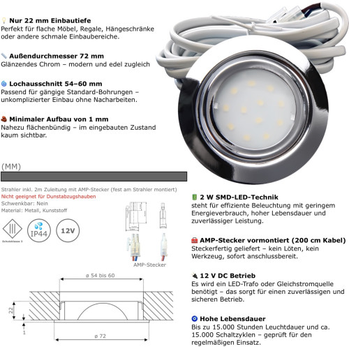3er Set Flache LED-Möbel-Spots New Lina IP44, 12V, 2,2W, inklusive Plug & Play Trafo. Chrom