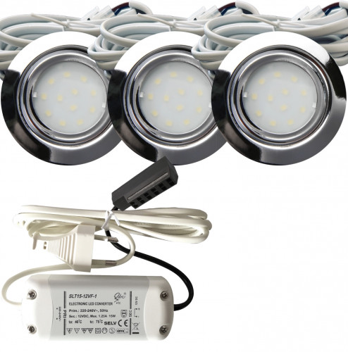 3er Set Flache LED-Möbel-Spots New Lina IP44, 12V, 2,2W, inklusive Plug & Play Trafo. Chrom