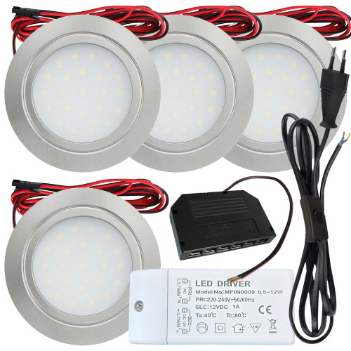 4 Stück Flache LED Möbel-Einbaustrahler Mila 12V - 2,4W - LED Trafo - 230V Zuleitung mit Schnurschalter
