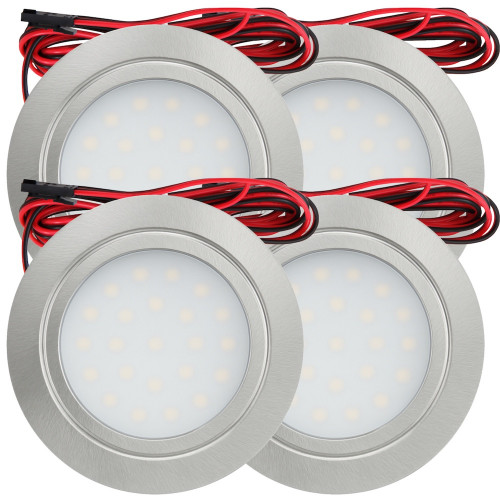 4 Stück Flache LED Möbel-Einbaustrahler Mila 12V - 2,4W - LED Trafo - 230V Zuleitung mit Schnurschalter