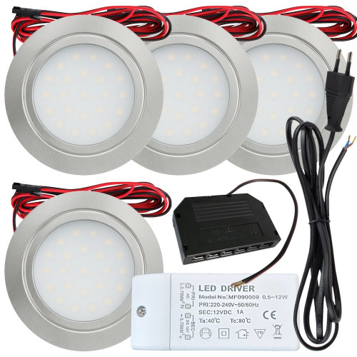 4 Stück Flache LED Möbel-Einbaustrahler Mila 12V - 2,4W - LED Trafo - 230V Zuleitung mit Stecker