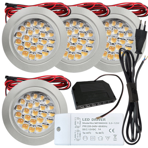 4 Stück Flache LED Möbel Einbaustrahler Mira - 12V - 2,4W - Loch 58 - 230V Zuleitung mit Schnurschalter