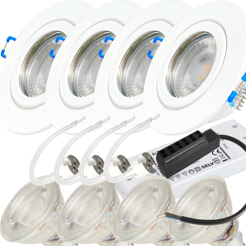 4er Set = 12Volt Bad Einbaustrahler Marina | IP44 | 5W | MCOB LED | inklusive LED Trafo 20Watt