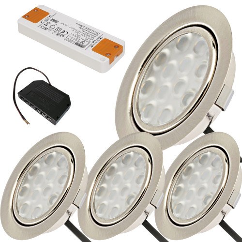 4er Set / Flache LED Einbauspots Lina / 12Volt / 3W / Kabelbaum / Stecker/ Verteilerleiste / LED Trafo