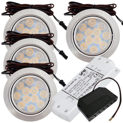 4er Set / Flache LED Einbauspots Lina / 12Volt / 3W / Kabelbaum / Stecker/ Verteilerleiste / LED Trafo