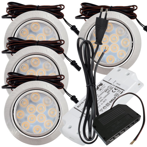4er Set / Flache LED Einbauspots Lina / 12Volt / 3W / Kabelbaum / Stecker/ Verteilerleiste / LED Trafo / Einbautiefe nur 12mm