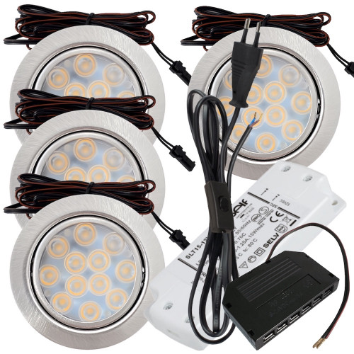 4er Set / Flache LED Einbauspots Lina / 12Volt / 3W / Kabelbaum / Stecker/ Verteilerleiste / LED Trafo / Schnurschalter
