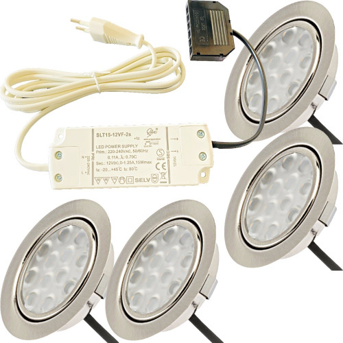 4er Set / Flache LED Einbauspots Lina / 12Volt / 3W / Kabelbaum / Stecker/ Verteilerleiste / LED Trafo vormontiert