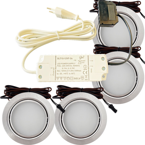 4er Set / Flache LED Einbauspots Milena / 12Volt / 3W / Kabelbaum / Stecker/ Verteilerleiste / LED Trafo vormontiert