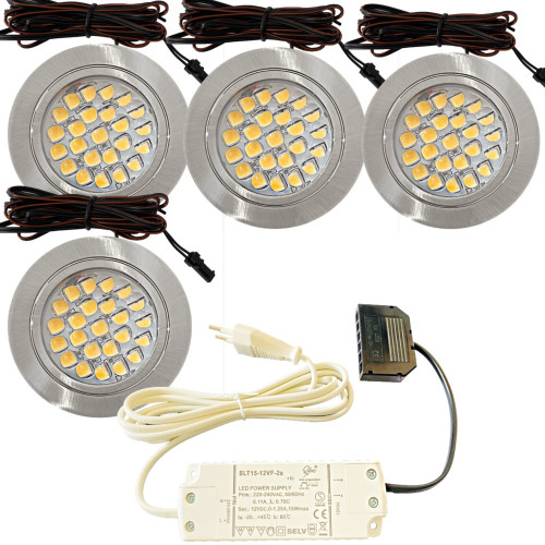 4er Set / Flache LED Einbauspots Mira / 12Volt / 2,4W / Kabelbaum / Stecker/ Verteilerleiste / LED Trafo vormontiert