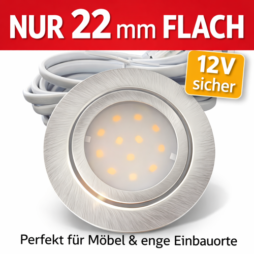 4er Set Flache LED-Möbel-Einbauspots New Lina, IP44, 12V, 2W, inklusive Plug & Play Trafo
