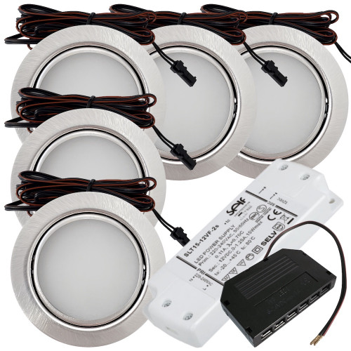 5 Stück - Flache LED Möbel Einbauleuchte Milena 12V - 3W - Mit LED Trafo und Verteiler