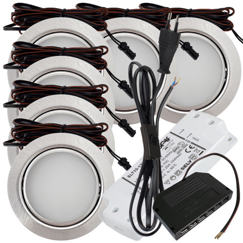 5 Stück - Flache LED Möbel Einbauleuchte Milena 12V - 3W - Mit LED Trafo, Verteiler und 230V Zuleitung mit Schnurschalter