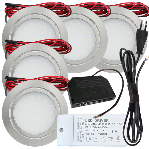 5 Stück Flache LED Möbel-Einbaustrahler Mila 12V - 2,4W - LED Trafo - 230V Zuleitung mit Schnurschalter