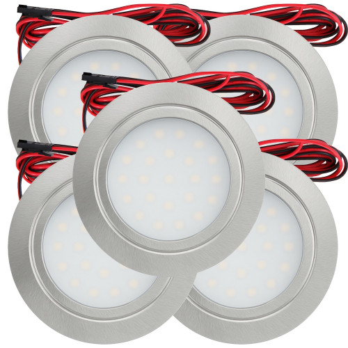 5 Stück Flache LED Möbel-Einbaustrahler Mila 12V - 2,4W - LED Trafo - 230V Zuleitung mit Schnurschalter