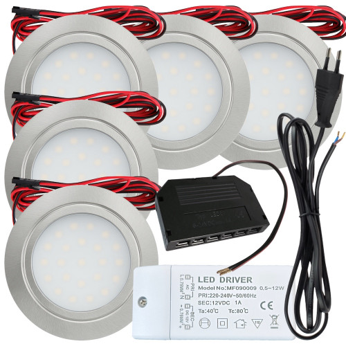 5 Stück Flache LED Möbel-Einbaustrahler Mila 12V - 2,4W - LED Trafo - 230V Zuleitung mit Stecker