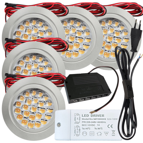 5 Stück Flache LED Möbel Einbaustrahler Mira - 12V - 2,4W - 230V Zuleitung mit Schnurschalter