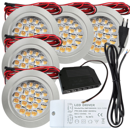 5 Stück Flache LED Möbel Einbaustrahler Mira - 12V - 2,4W - 230V Zuleitung mit Stecker