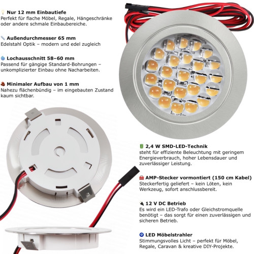 5 Stück Flache LED Möbel Einbaustrahler Mira - 12V - 2,4W - 230V Zuleitung mit Stecker
