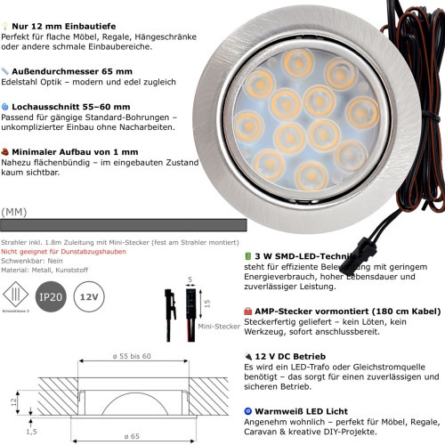 5 Stück LED Möbel Einbauleuchten 12V | 3W | Einbautiefe 12mm | Loch = 55 - 60 mm