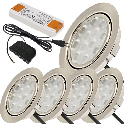 5er Set / Flache LED Einbauspots Lina / 12Volt / 3W / Kabelbaum / Stecker/ Verteilerleiste / LED Trafo / 230V Netzkabel für schaltbare Steckdosen