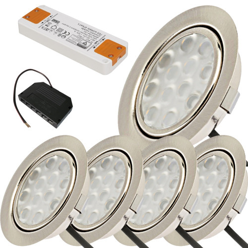 5er Set / Flache LED Einbauspots Lina / 12Volt / 3W / Kabelbaum / Stecker/ Verteilerleiste / LED Trafo / Einbautiefe nur 12mm