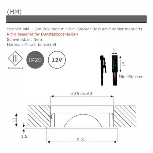 5er Set / Flache LED Einbauspots Lina / 12Volt / 3W / Kabelbaum / Stecker/ Verteilerleiste / LED Trafo / Einbautiefe nur 12mm