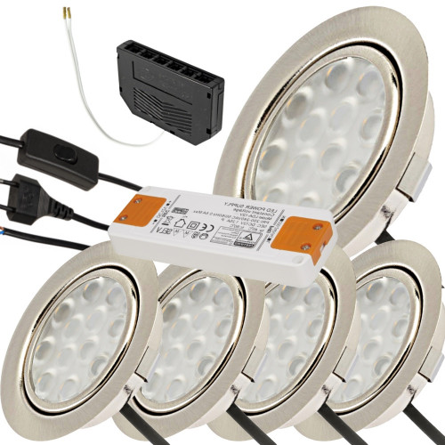 5er Set / Flache LED Einbauspots Lina / 12Volt / 3W / Kabelbaum / Stecker/ Verteilerleiste / LED Trafo / Schnurschalter