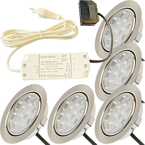 5er Set / Flache LED Einbauspots Lina / 12Volt / 3W / Kabelbaum / Stecker/ Verteilerleiste / LED Trafo vormontiert