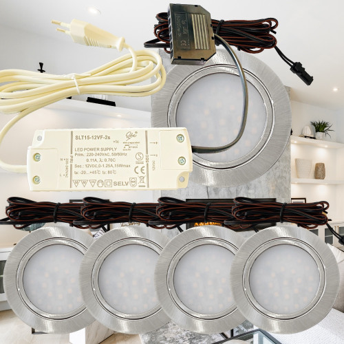 5er Set / Flache LED Einbauspots Mila / 12Volt / 2,4W / Kabelbaum / Stecker/ Verteilerleiste / LED Trafo vormontiert