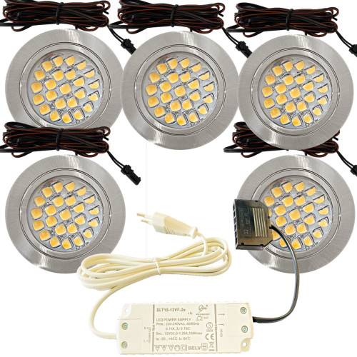 5er Set / Flache LED Einbauspots Mira / 12Volt / 2,4W / Kabelbaum / Stecker/ Verteilerleiste / LED Trafo vormontiert