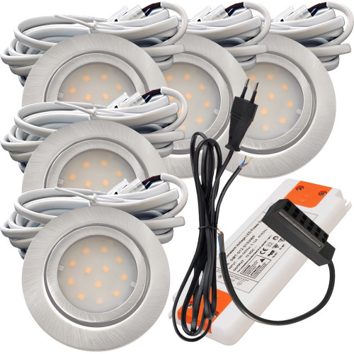 5er Set | Flache LED Möbel Einbauspots New Lina | 12V | 2W | LED Trafo | 230V Zuleitung