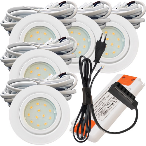 5er Set | Flache LED Möbel Einbauspots New Lina | 12V | 2W | LED Trafo | 230V Zuleitung mit Schnurschalter