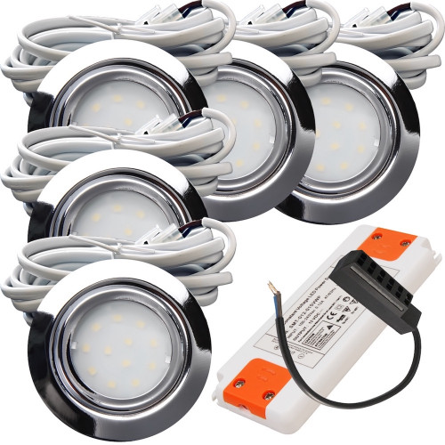 5er Set | Flache LED Möbel Einbauspots New Lina | 12V | 2W | LED Trafo | 72mm