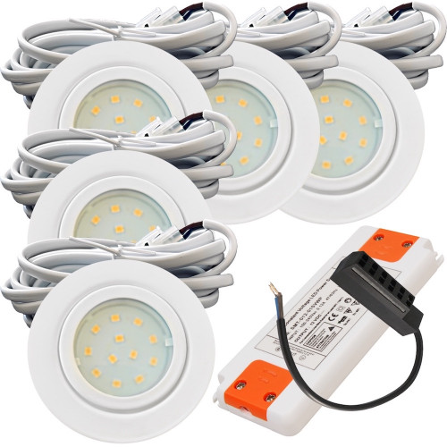 5er Set | Flache LED Möbel Einbauspots New Lina | 12V | 2W | LED Trafo | 72mm