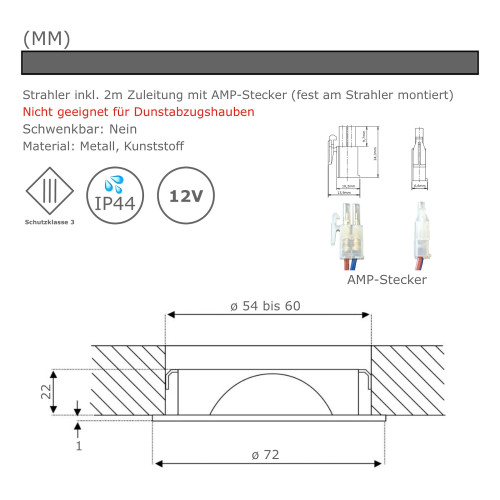 5er Set | Flache LED Möbel Einbauspots New Lina | 12V | 2W | LED Trafo | 72mm