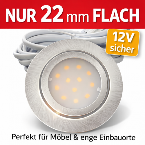 5er Set Flache LED-Möbel-Einbauspots New Lina, IP44, 12V, 2W, inklusive Plug & Play Trafo