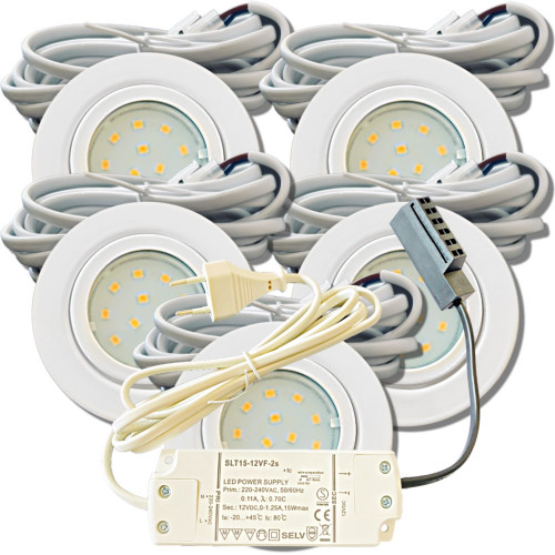 5er Set Flache LED-Möbel-Spots New Lina IP44, 12V, 2,2W, inklusive Plug & Play Trafo. Weiß