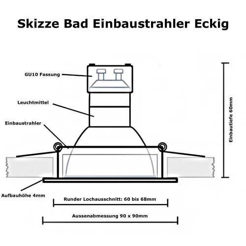 5W LED Bad Einbaustrahler Marin 230 Volt / 90 x 90 mm / IP44 / Quadratisch / 400 Lumen