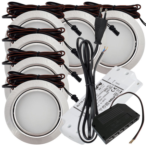 6 Stück - Flache LED Möbel Einbauleuchte Milena 12V - 3W - Mit LED Trafo und 230V Zuleitung
