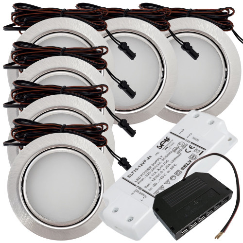 6 Stück - Flache LED Möbel Einbauleuchte Milena 12V - 3W - Mit LED Trafo und Verteiler