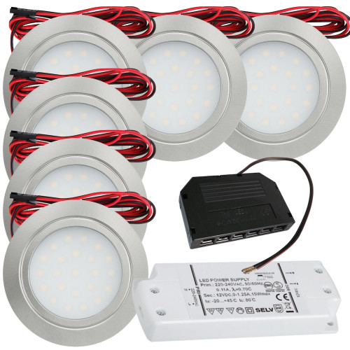 6 Stück Flache LED Möbel-Einbaustrahler Mila 12V - 2,4W - LED Trafo