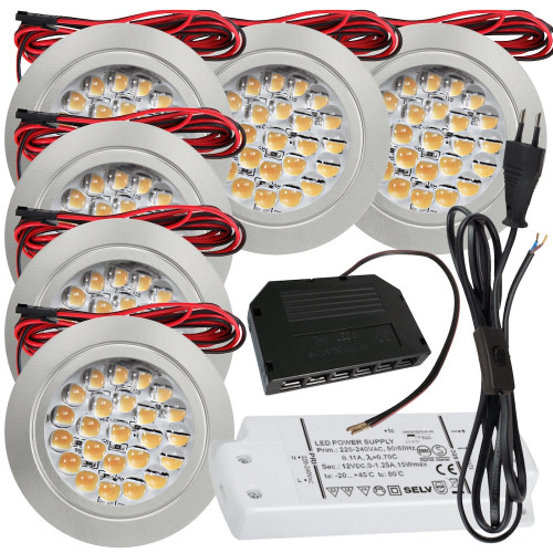 6 Stück Flache LED Möbel Einbaustrahler Mira - 12V - 2,4W - 230V Zuleitung mit Schnurschalter