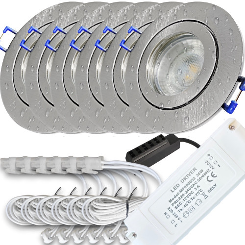 6er Set = 12Volt Bad Einbaustrahler Marina | IP44 | 3W | MCOB LED | inklusive LED Trafo 20Watt