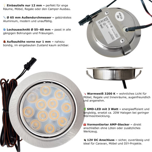 6er Set / Flache LED Einbauspots Lina / 12Volt / 3W / Kabelbaum / Stecker / LED Trafo / 230V Zuleitung mit Schnurschalter