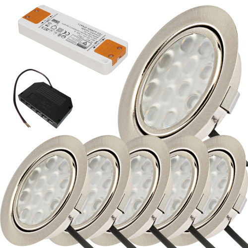 6er Set / Flache LED Einbauspots Lina / 12Volt / 3W / Kabelbaum / Stecker/ Verteilerleiste / LED Trafo / Einbautiefe nur 15mm